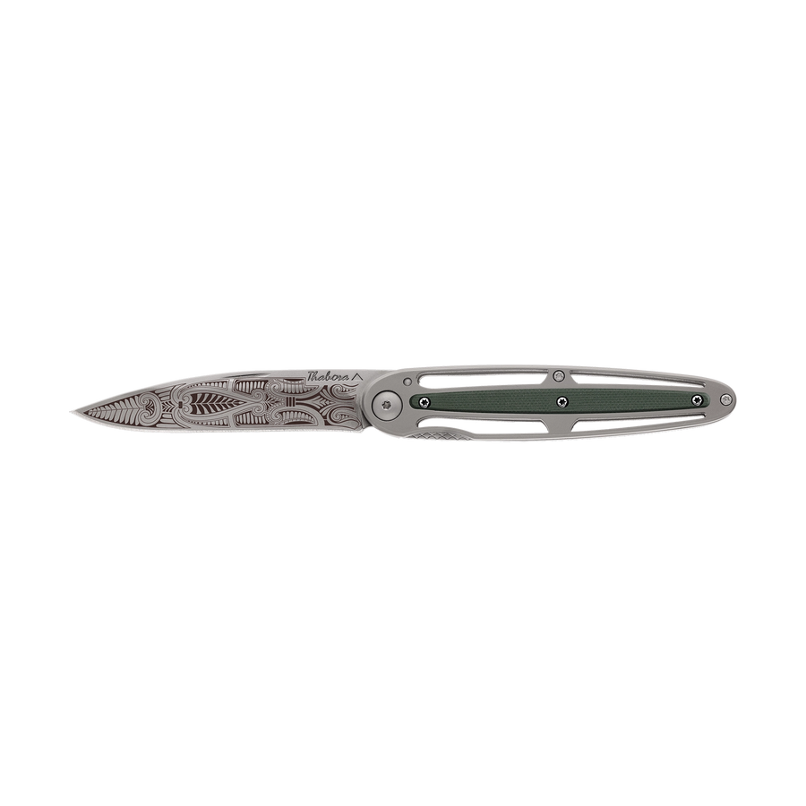 Couteau acier finition titane gris plaquette centrale résine g10 kaki motif «cachemire»