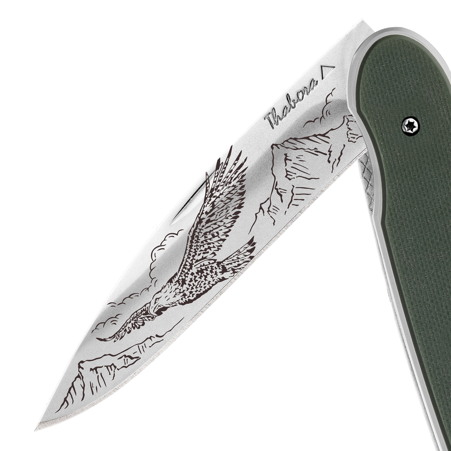 Couteau acier finition brillante plaquette pleine résine g10 kaki motif «aigle»